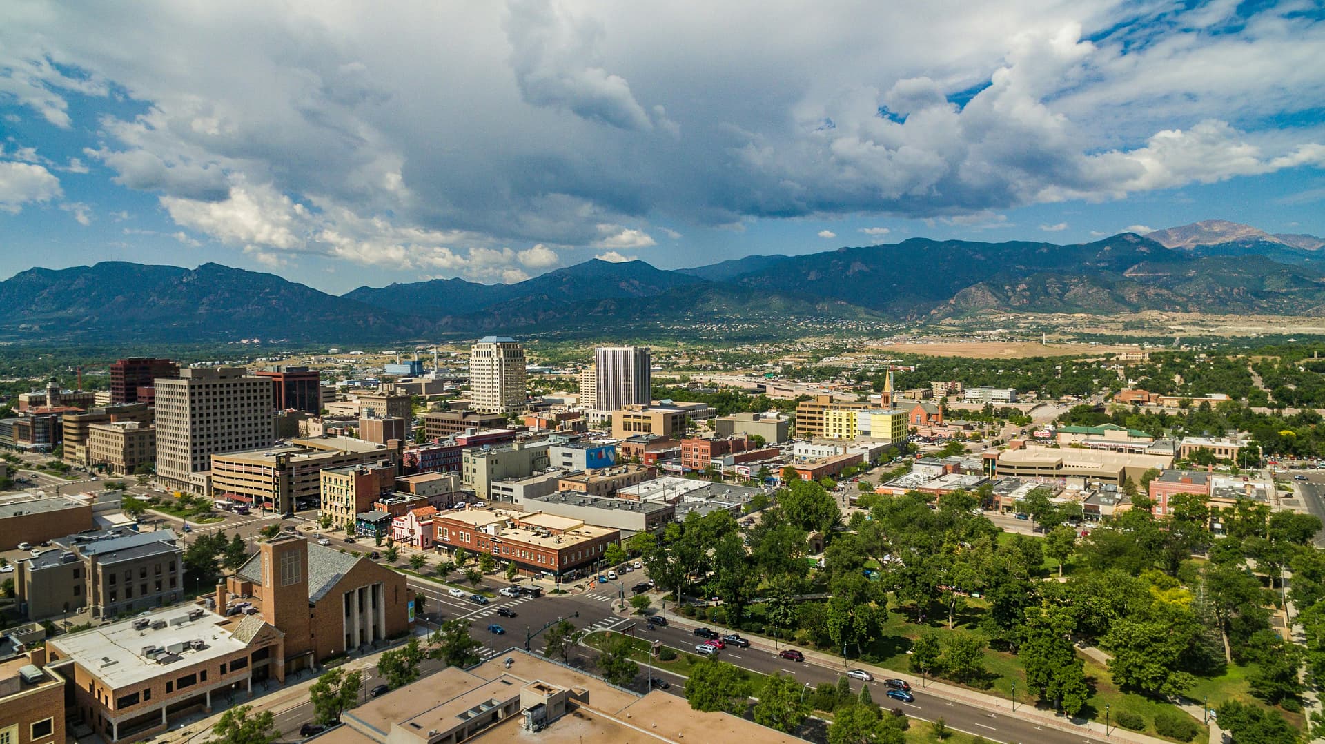 Downtown Colorado Springs with Pikes Peak rising behind