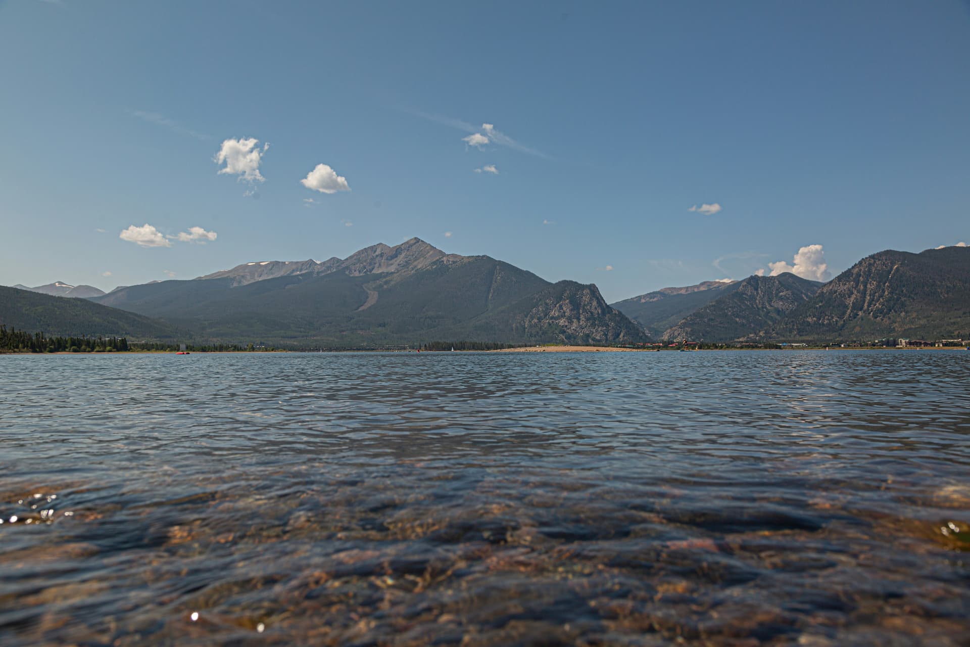 Dillon Reservoir from the Frisco shoreline with Summit County peaks beyond