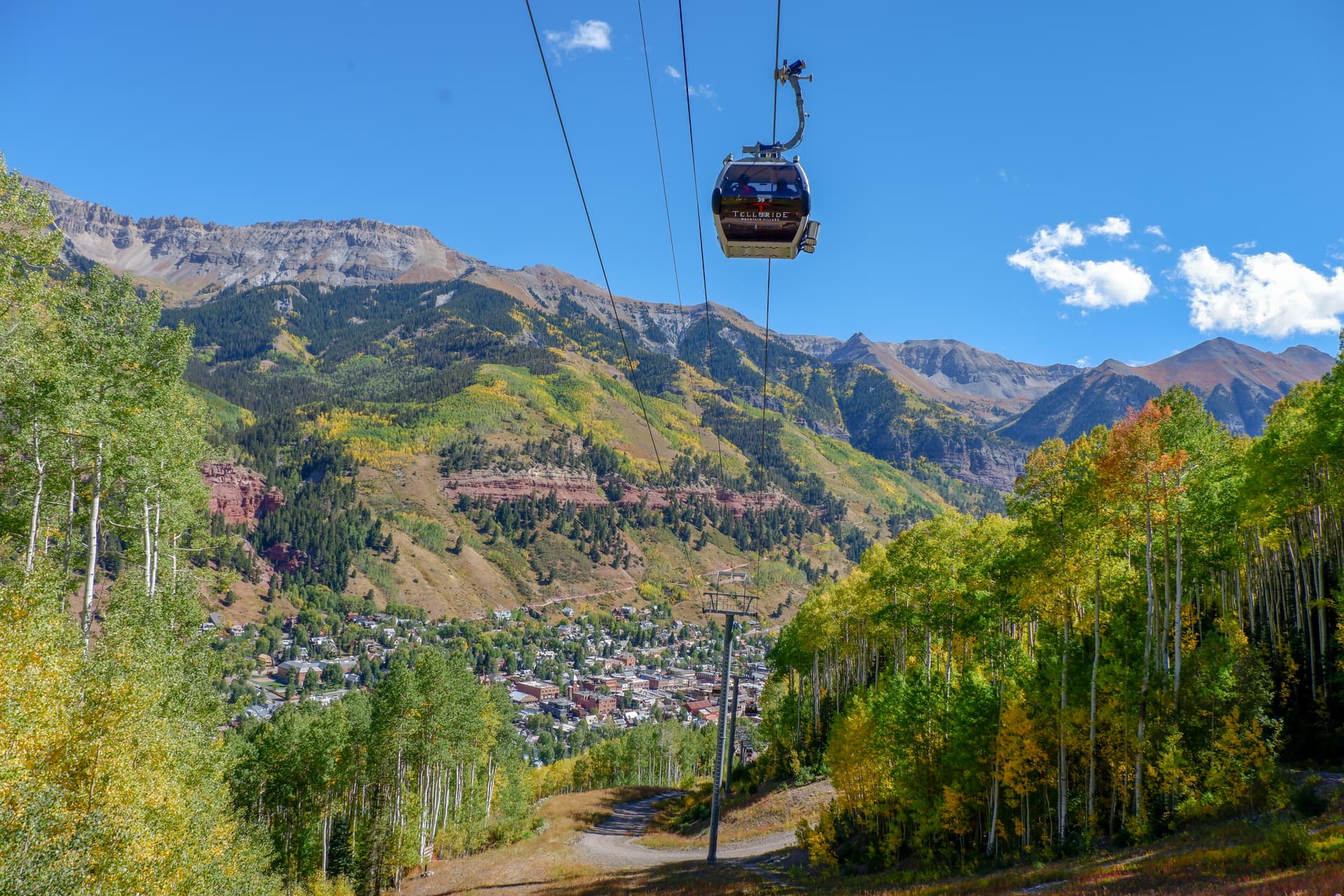 Telluride gondola above fall aspens with the town and box canyon below