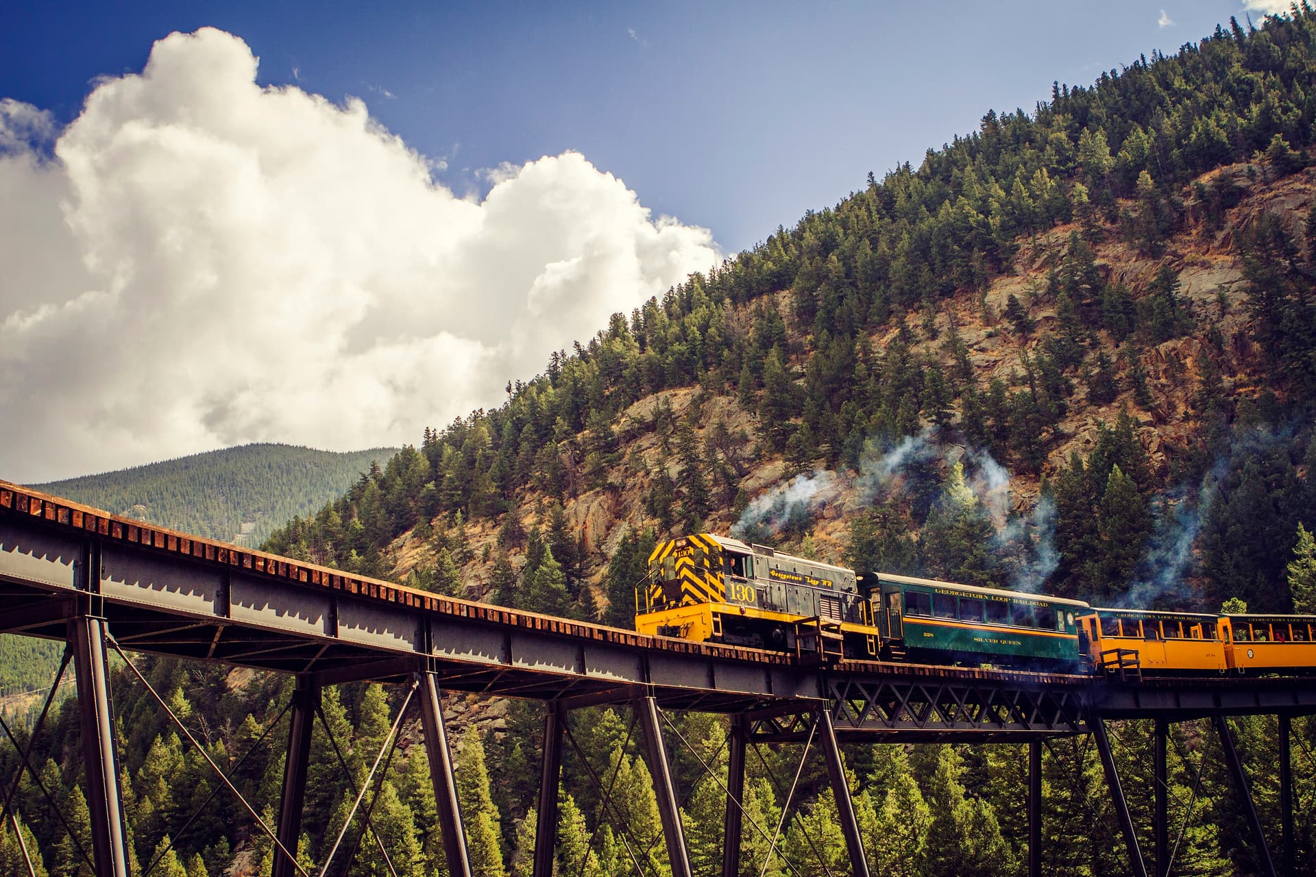 Georgetown Loop Railroad train crossing the high trestle above Clear Creek