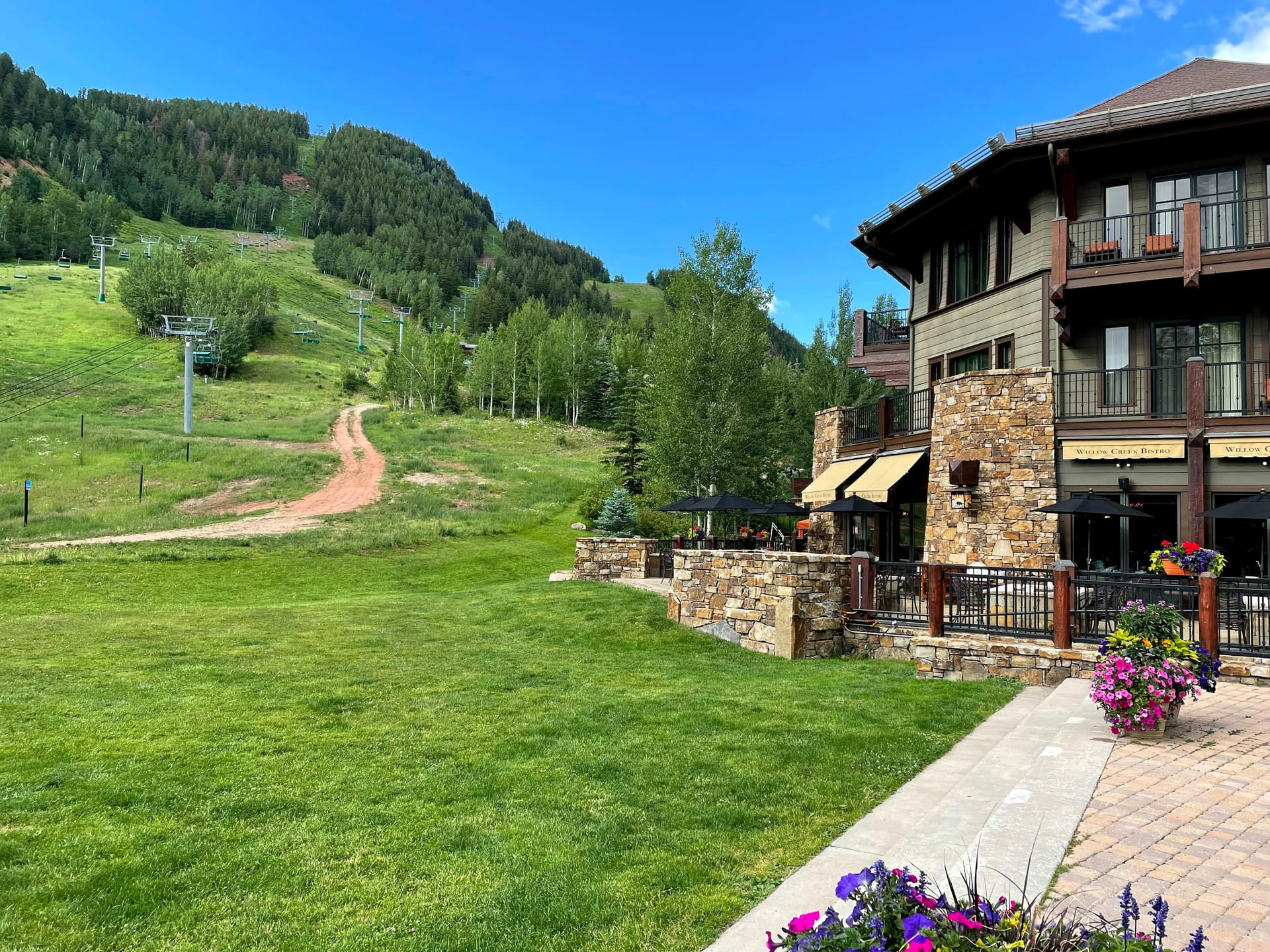 Slopeside lodge beside a summer ski run in Snowmass Village