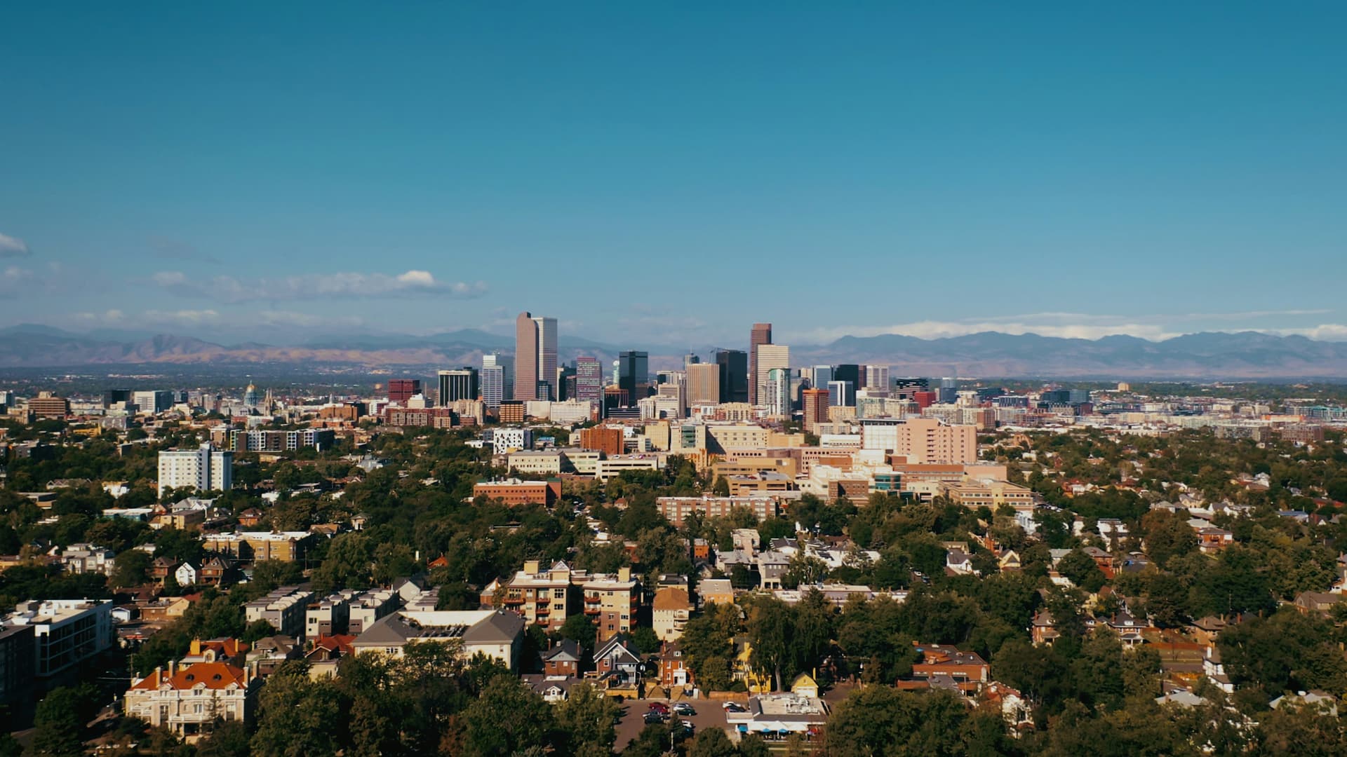 Downtown Denver skyline over tree-lined neighborhoods with the Rockies on the horizon
