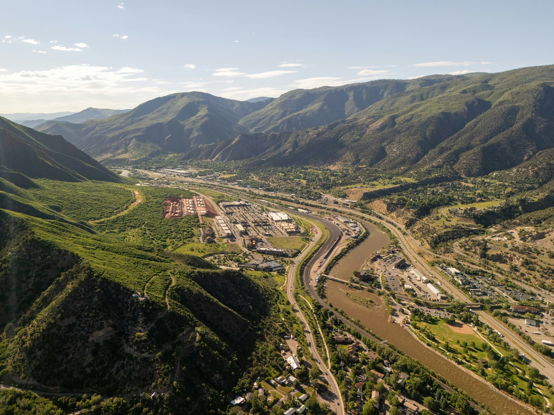 Aerial view of Glenwood Springs and the Colorado River in its green canyon