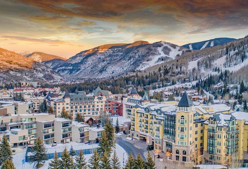 Vail's Lionshead village and ski runs at sunset